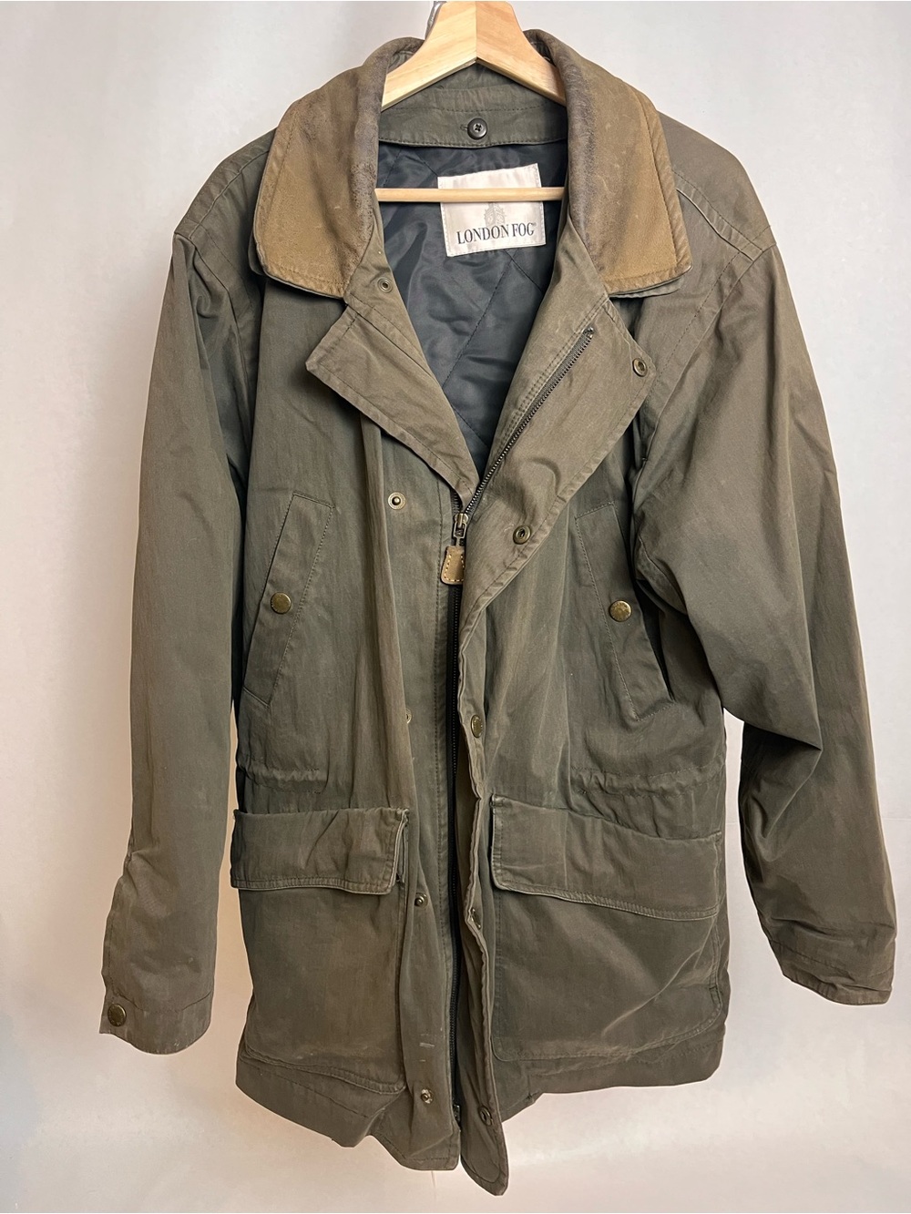 London Fog Olive Green Field Jacket with Tan Leather Collar